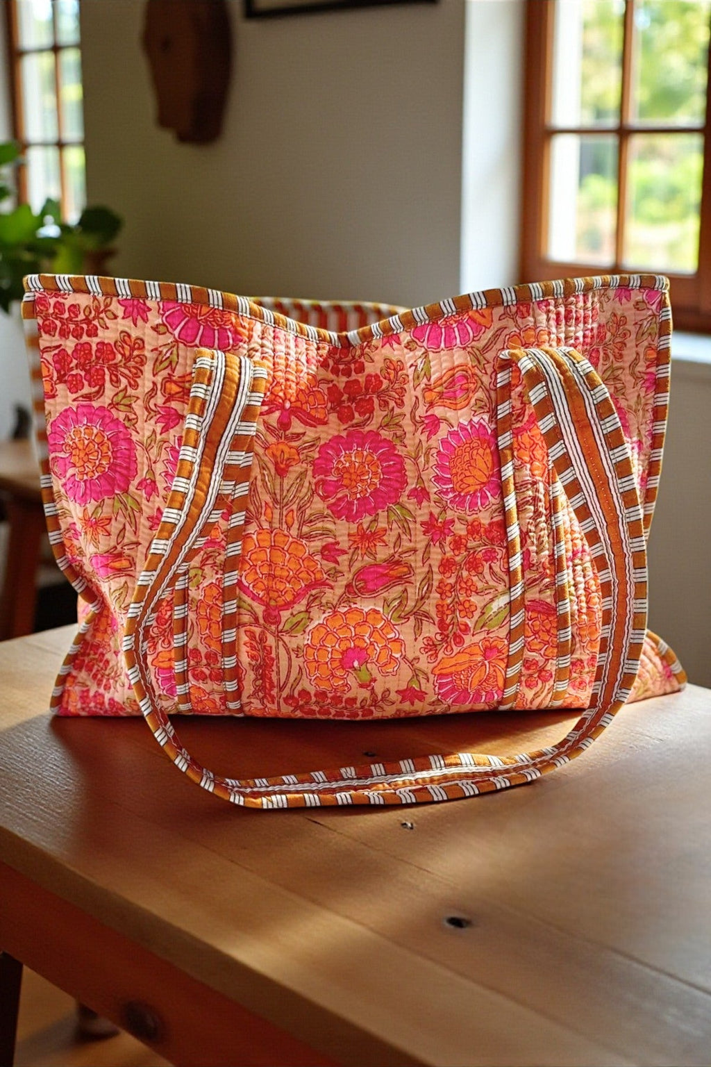 The Rue Orange Floral Patterned Tote Bag